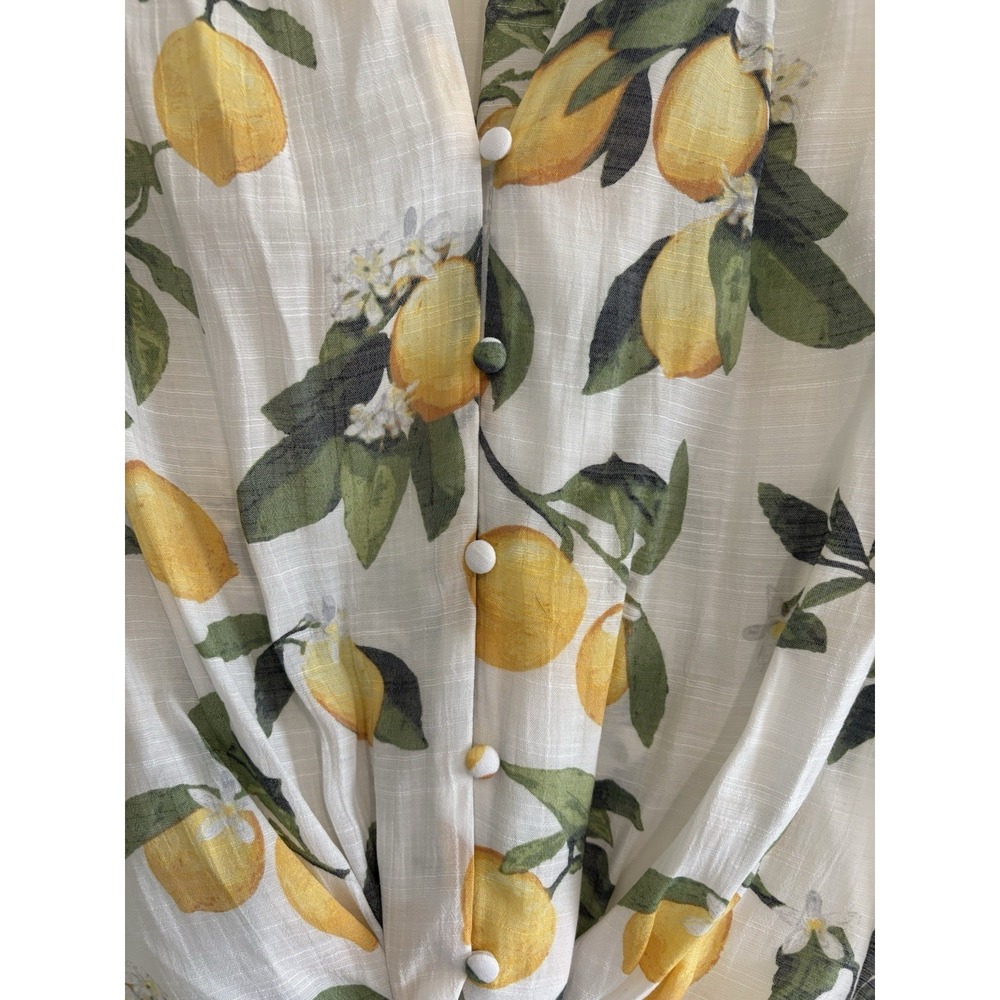 C By One Lemon Print Tie Front Blouse Top Large NWOT Cropped Short Sleeve Boho - Picture 4 of 10